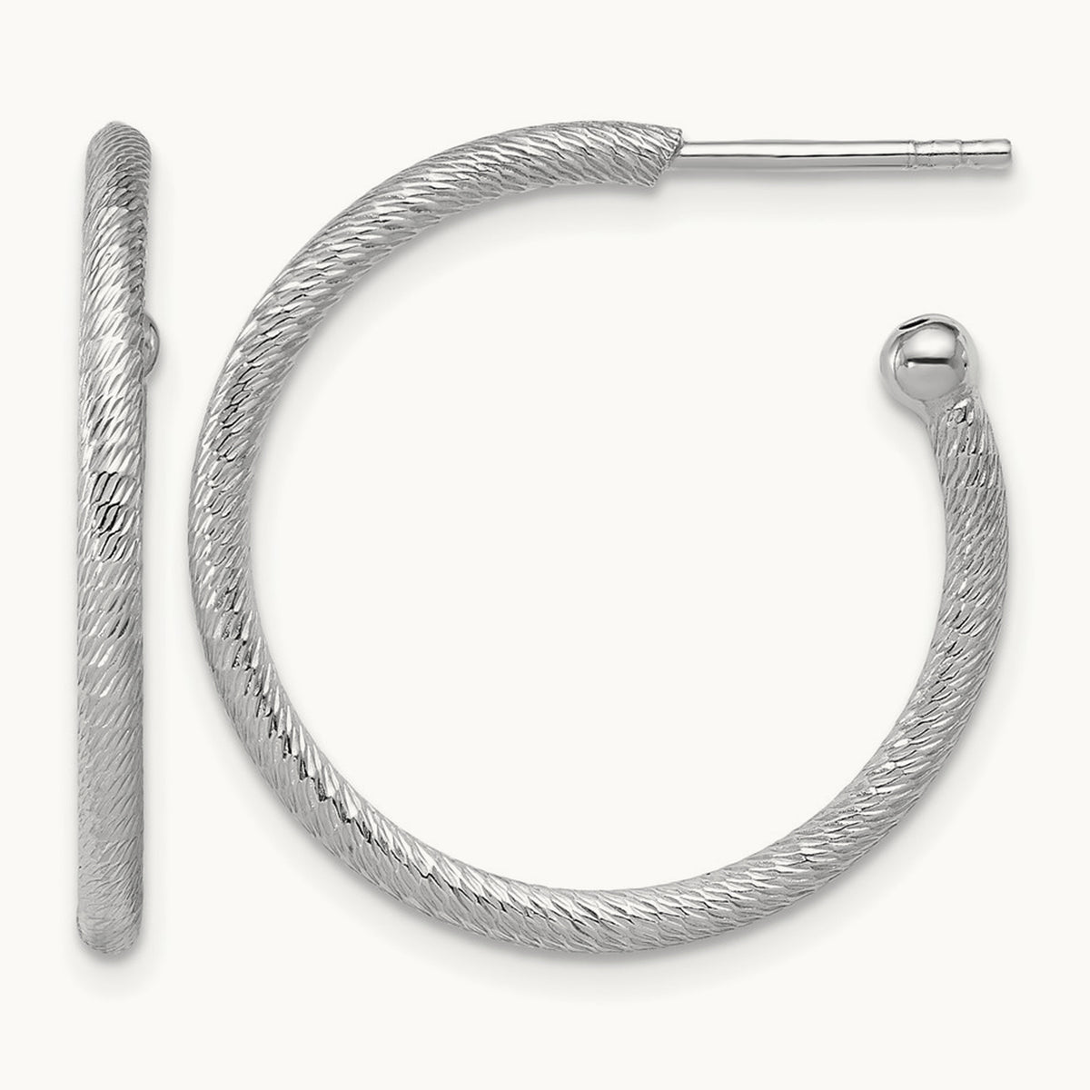Rhodium-plated Diamond-cut Post C-Hoop Earrings — 25x2mm