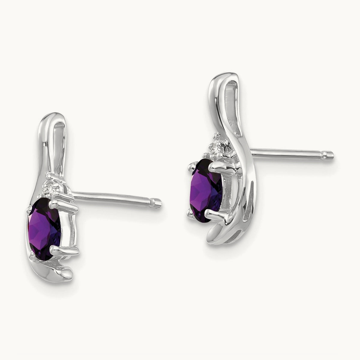 Amethyst and Diamond Post Earrings — 14K White Gold