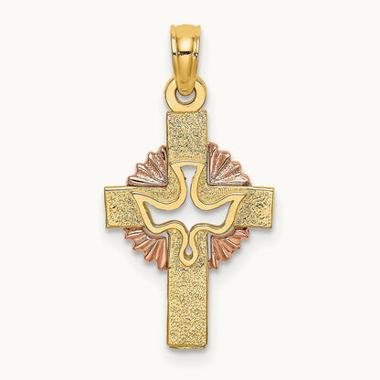 Cut-Out Dove On Cross Charm, 14K Two-tone