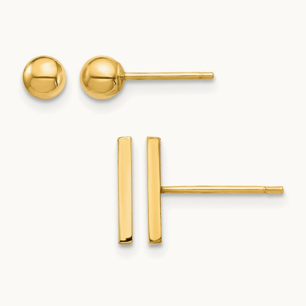 Bar and Ball Post Earrings Set, 3mm, 14K