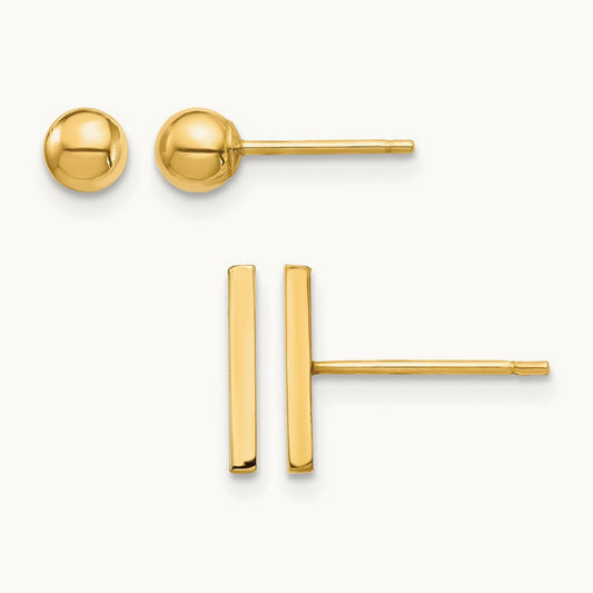 Bar and Ball Post Earrings Set, 3mm, 14K