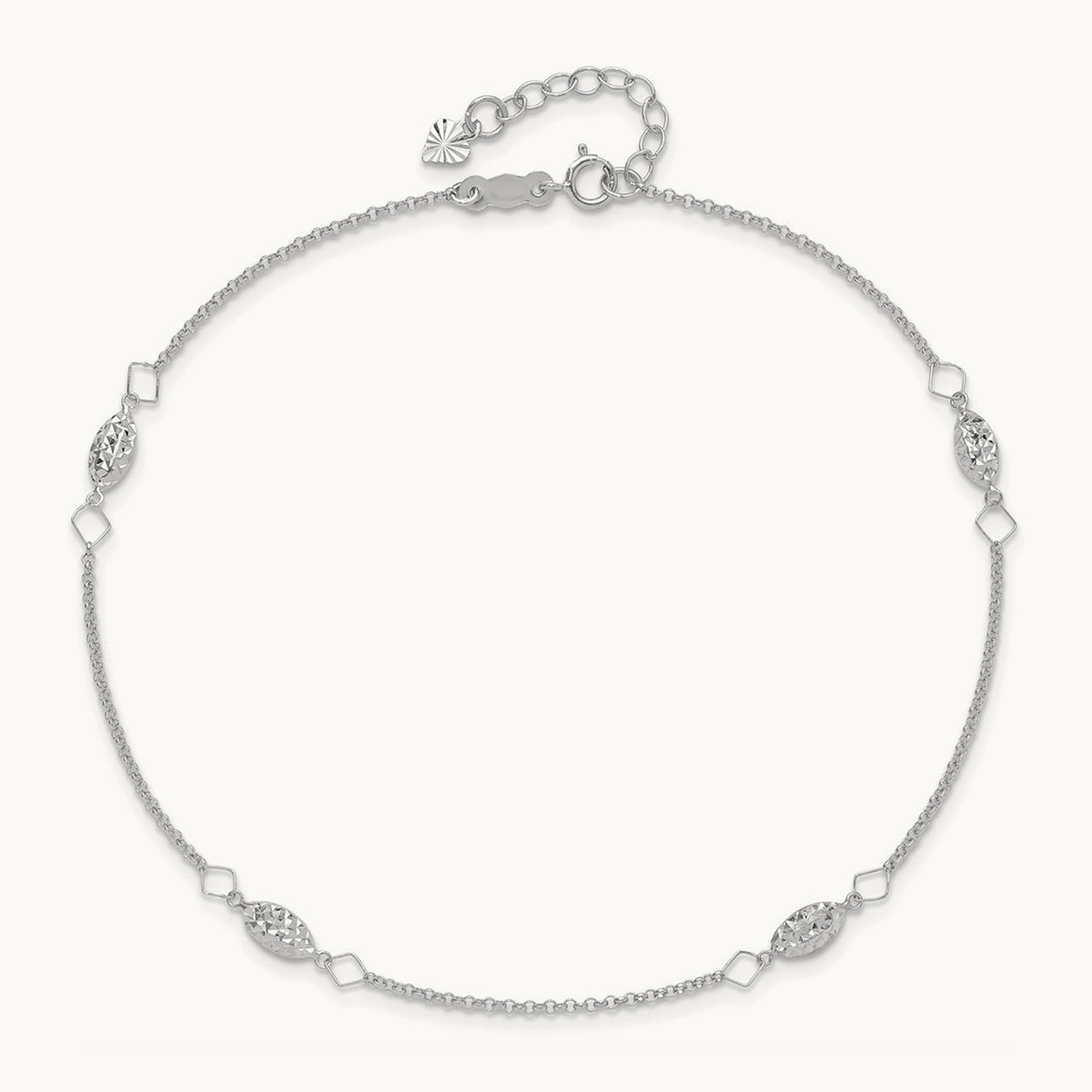Diamond-cut Puffed Beads 9in Plus1in Ext Anklet, 14K White Gold