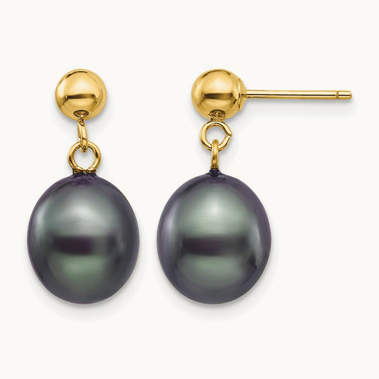8- Black Rice Freshwater Cultured Pearl Post Dangle Earrings, 9mm, 14K