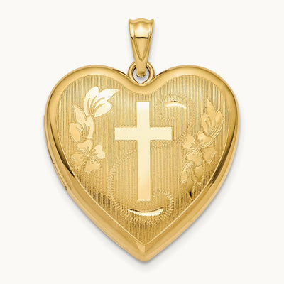 Textured & D/C Floral Cross Ash Holder Heart Locket, 14K