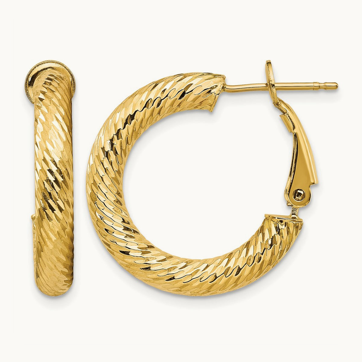 Diamond-cut Round Omega Back Hoop Earrings — 14K Yellow Gold, 4x23mm
