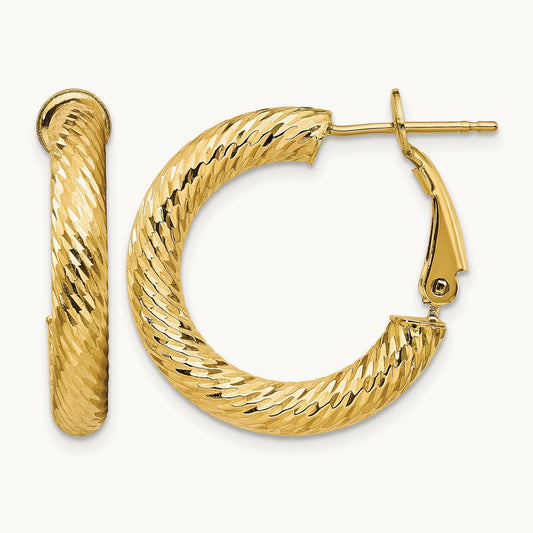 Diamond-cut Round Omega Back Hoop Earrings — 14K Yellow Gold, 4x23mm