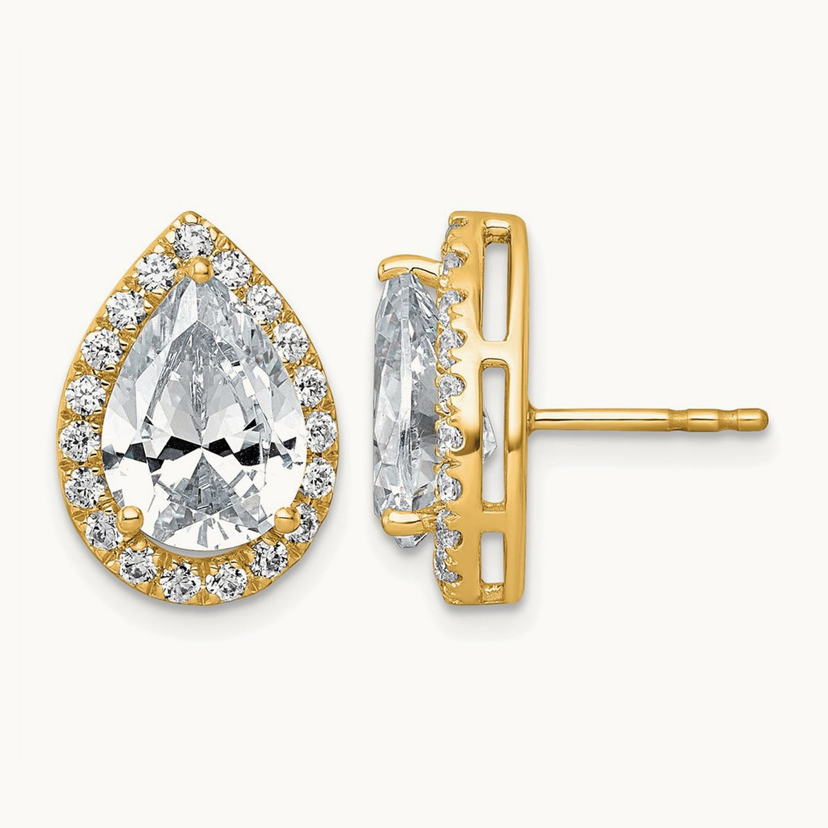 Pear Halo Post Earrings, 1.25-6.75 ct tw Lab-Grown Diamond — 5 5/8 ct, VS (Best) · Certified, 14K Yellow Gold