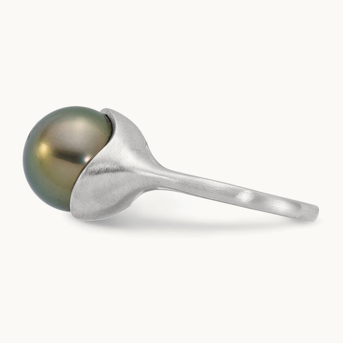 Brushed 10- Round Black Tahitian Pearl Ring, 11mm, 14K White Gold