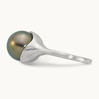 Brushed 10- Round Black Tahitian Pearl Ring, 11mm, 14K White Gold