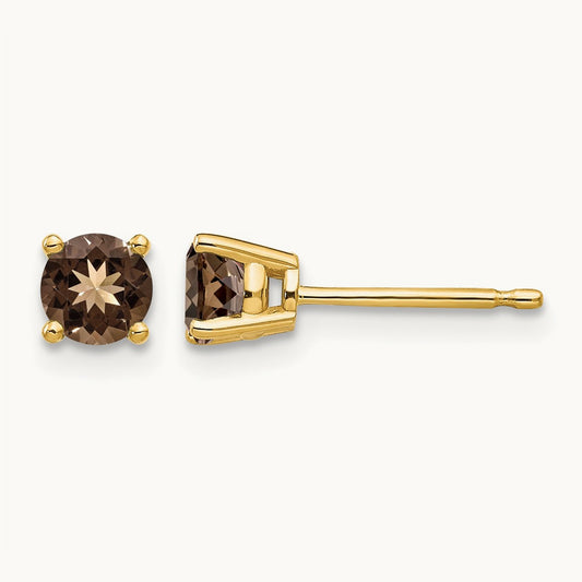 Round Smoky Quartz Earrings — 14K Yellow Gold, 4mm