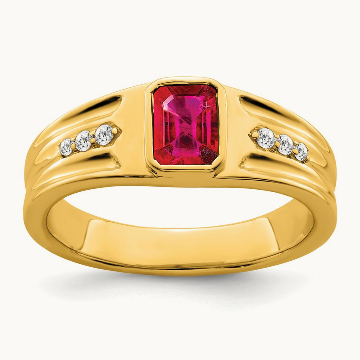 Created Ruby and Diamond Men's Ring — 14K Yellow Gold, 10