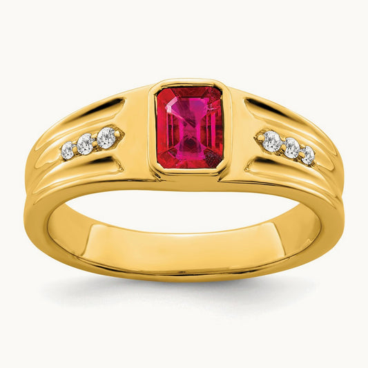 Created Ruby and Diamond Men's Ring — 14K Yellow Gold, 10