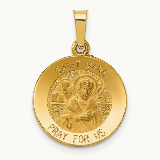 Polished and Satin St Mark Medal Hollow Pendant, 14K
