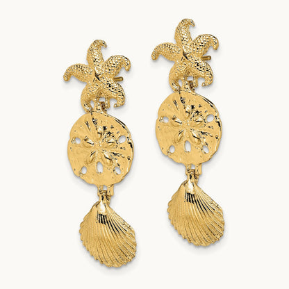 D/C Starfish, Shell ,Sand Dollar Dangle Earrings, 14K