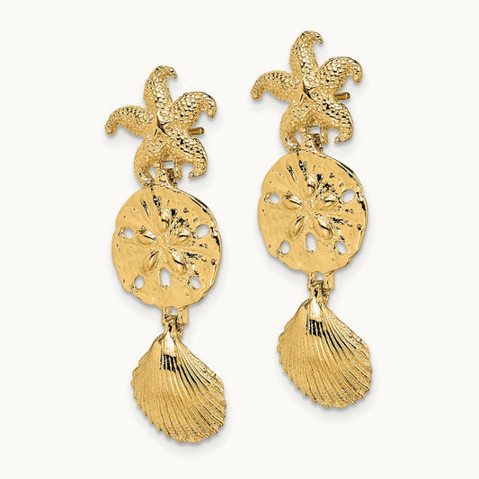 D/C Starfish, Shell ,Sand Dollar Dangle Earrings, 14K