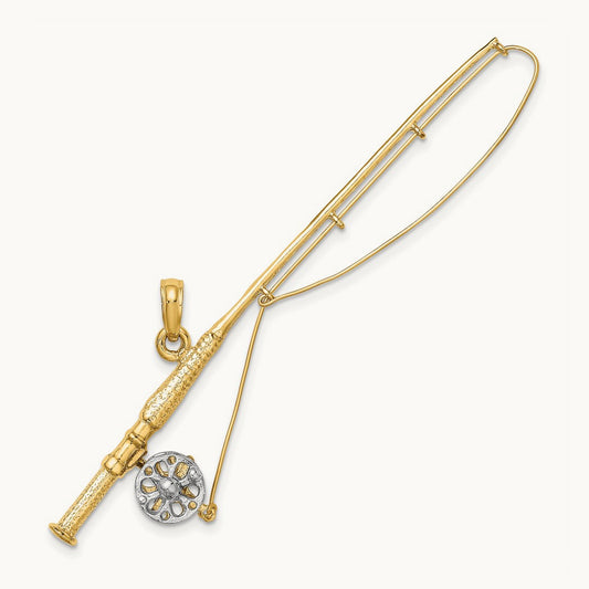 w/Rhodium 3-D Fly Rod Fishing Pole Charm, 14K