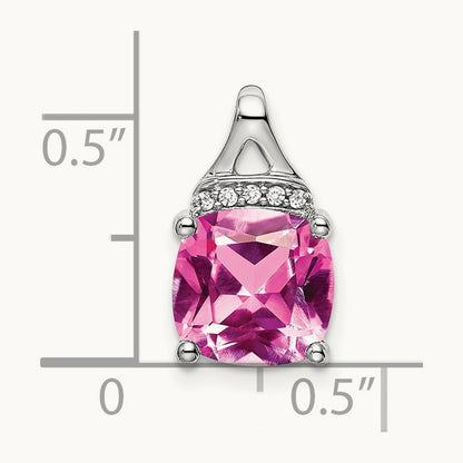 Cushion Created Pink Sapphire/Diamond Pendant, 14K White Gold
