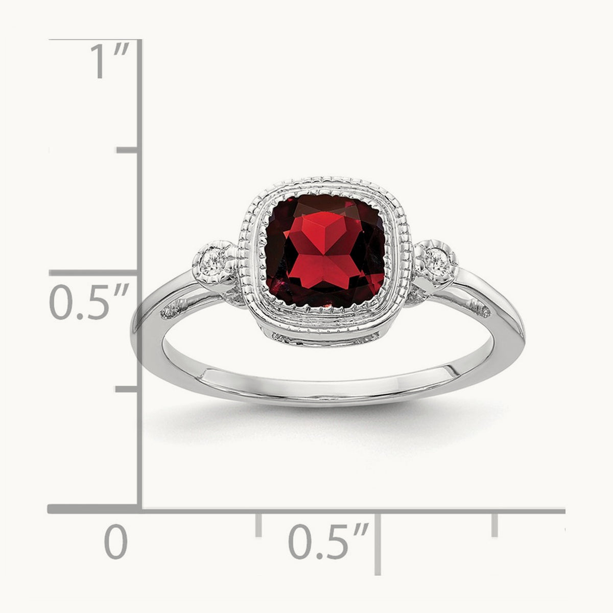 Cushion Garnet and Diamond Ring — 14K White Gold, 7