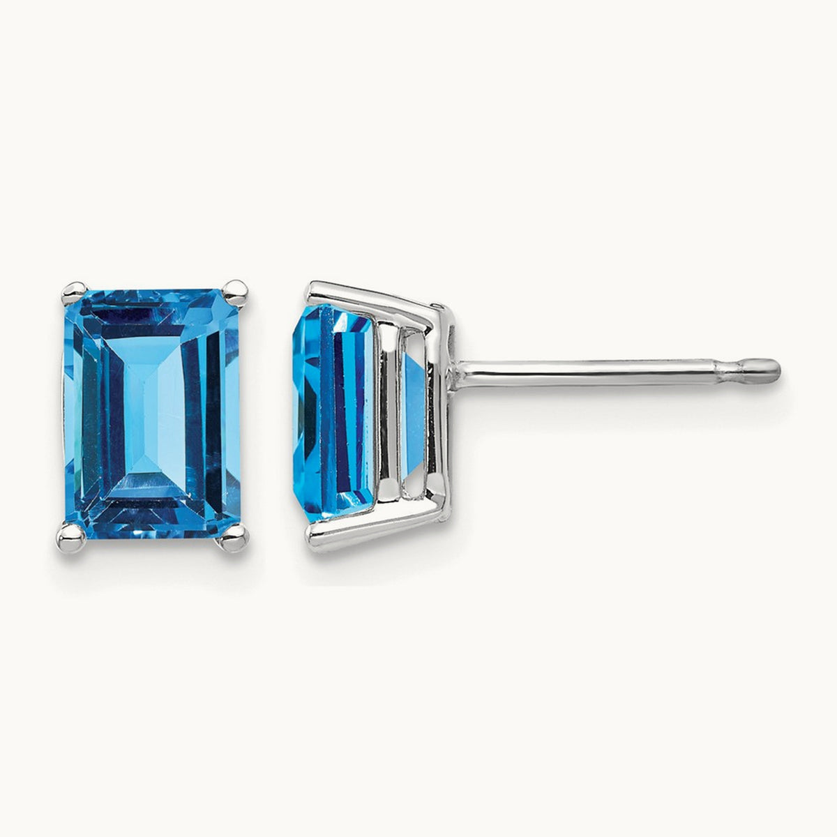 7x5mm Emerald Cut Blue Topaz Earrings, 14K White Gold
