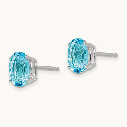8x6mm Oval Blue Topaz Earrings, 14K White Gold