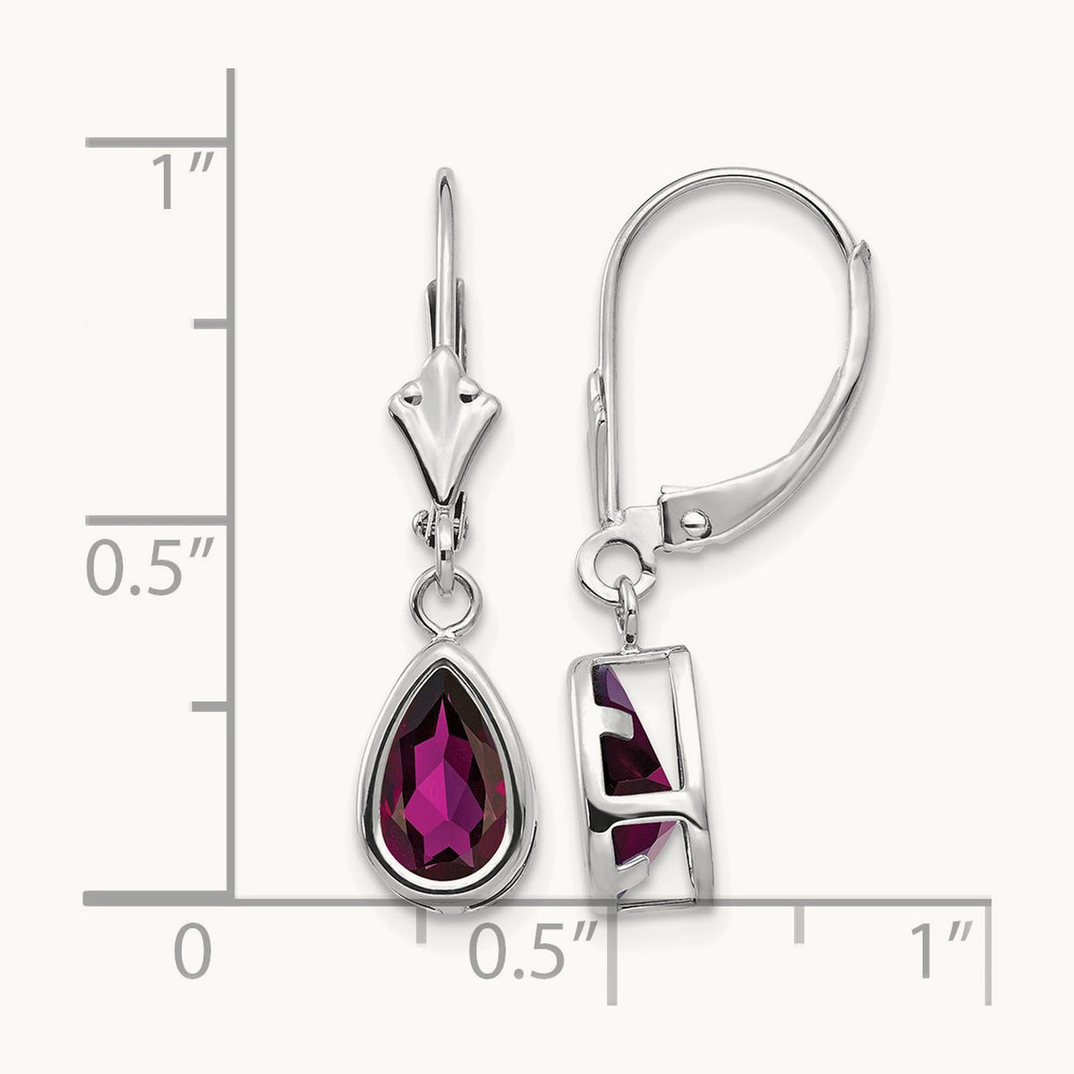 8x5mm Pear Rhodolite Garnet Leverback Earrings, 14K White Gold