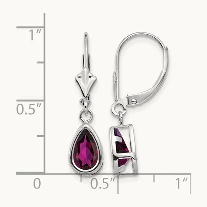8x5mm Pear Rhodolite Garnet Leverback Earrings, 14K White Gold
