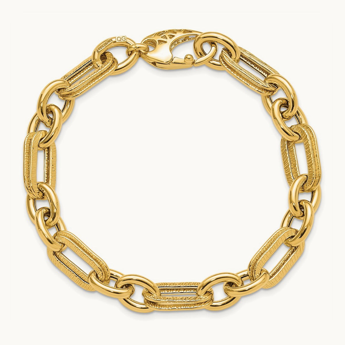 Polished and Textured Fancy Link Bracelet, 14K