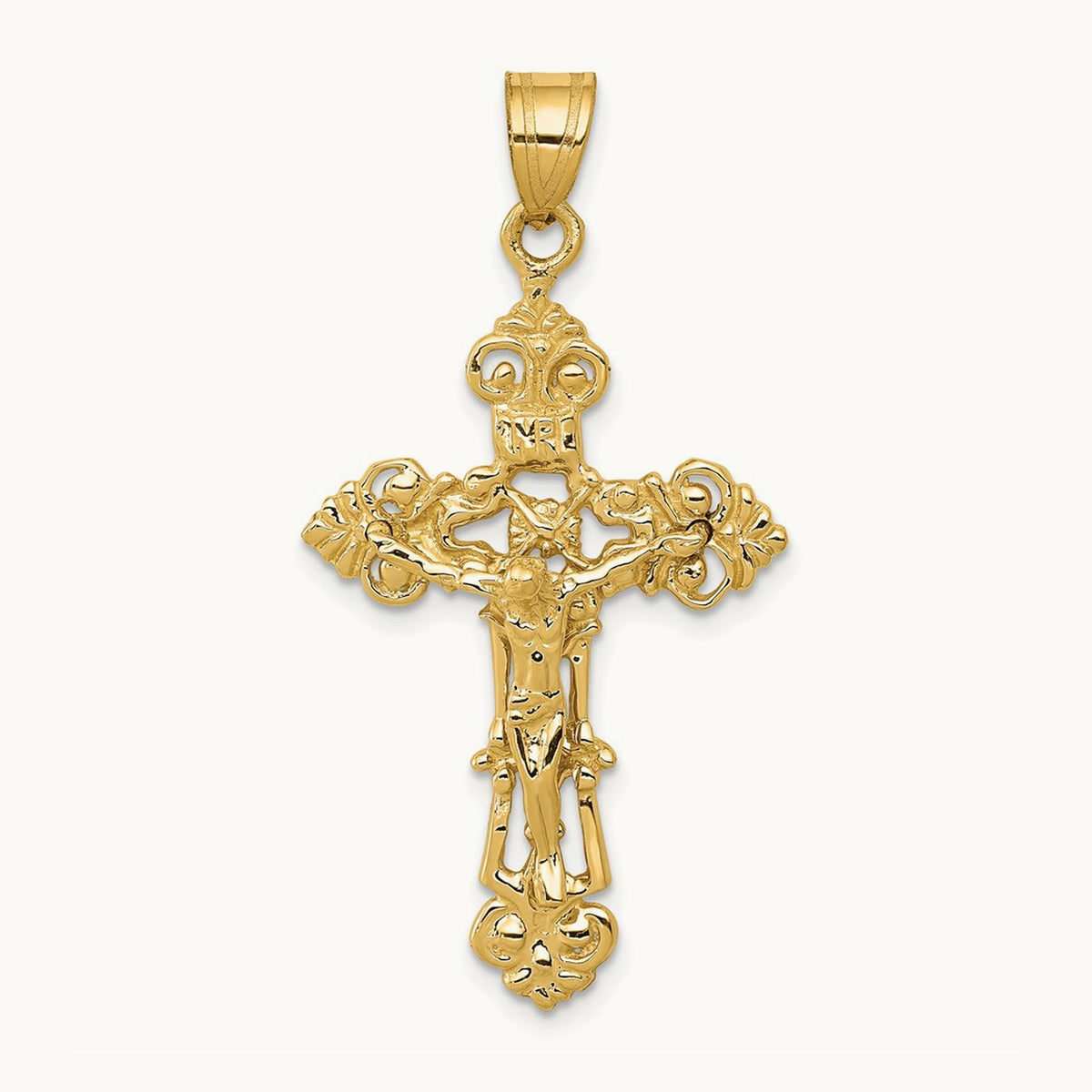 INRI Fleur De Lis Crucifix Pendant — 14K Yellow Gold, 41mm