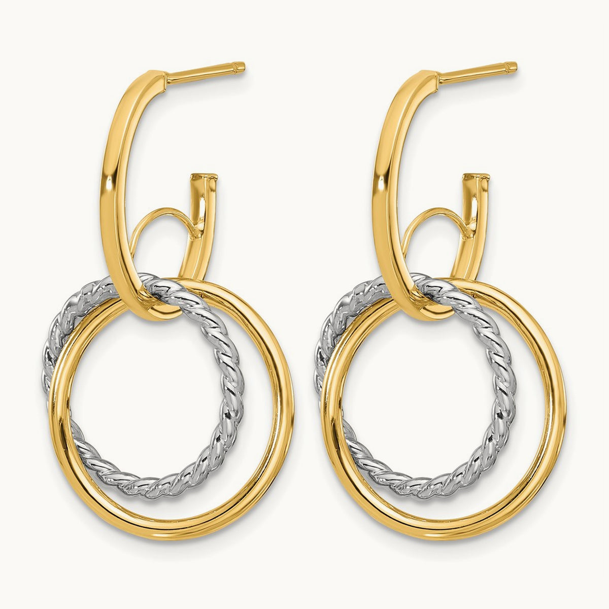 w/Rhodium Polished/Twisted Circles J-Hoop Post Earrings, 14K — Leslie's