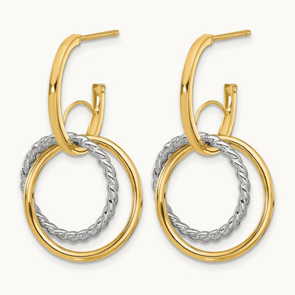 w/Rhodium Polished/Twisted Circles J-Hoop Post Earrings, 14K — Leslie's