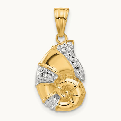 Polished and Diamond Cut Nautilus Shell Pendant, 14K with White Rhodium