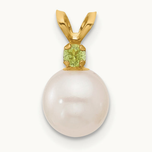7- White Round FWC Pearl Peridot Pendant, 7.5mm, 14K