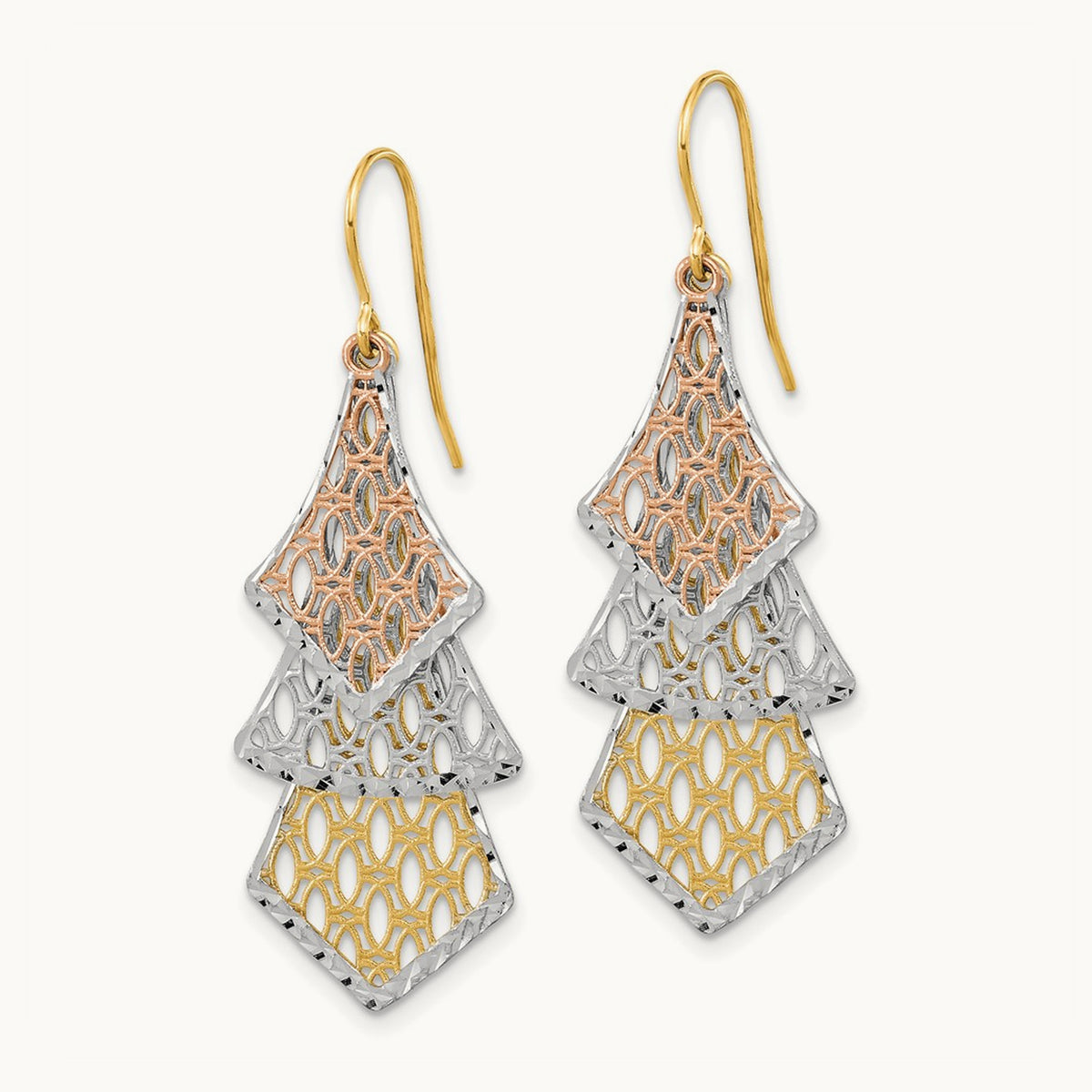 Tri-color D/C Polished Filigree Dangle Earrings, 14K