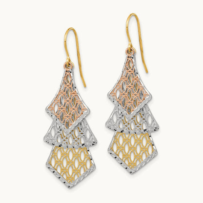 Tri-color D/C Polished Filigree Dangle Earrings, 14K