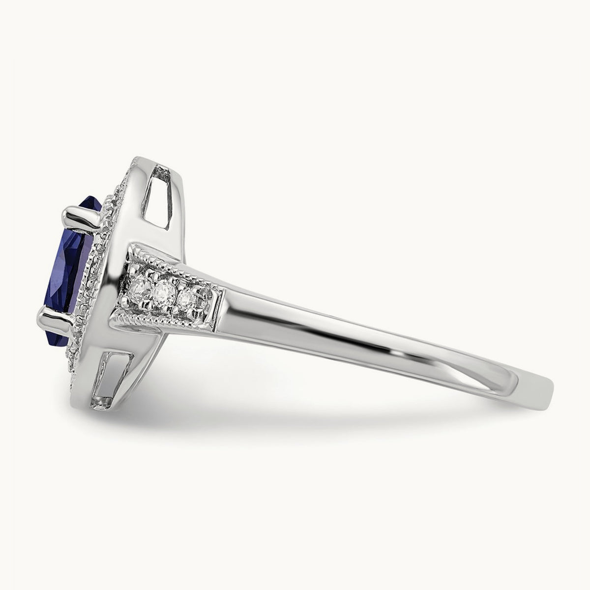 Oval Created Sapphire and Diamond Halo Ring, 14K White Gold