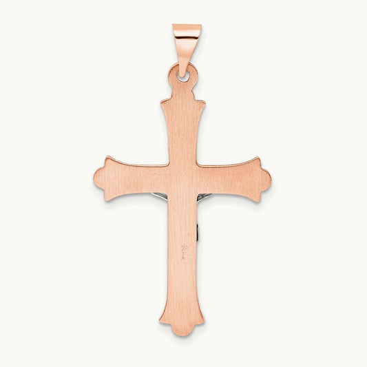 Polished Fleur de Lis INRI Hollow Crucifix, 14K Rose with White Gold