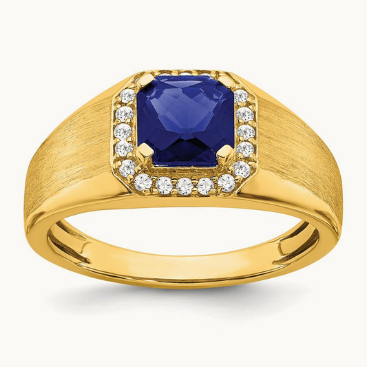 Cushion Created Sapphire and Diamond Mens Ring, 14K