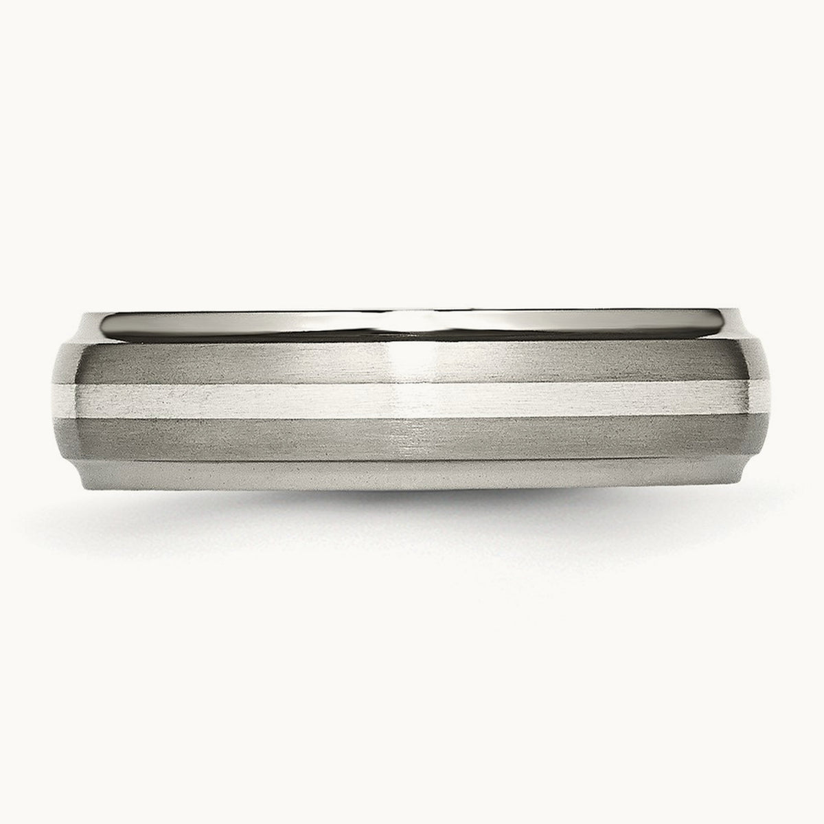 Brushed Center w/Sterling Silver Inlay Ridged Edge Band, 6mm, Titanium