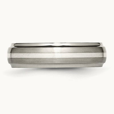 Brushed Center w/Sterling Silver Inlay Ridged Edge Band, 6mm, Titanium