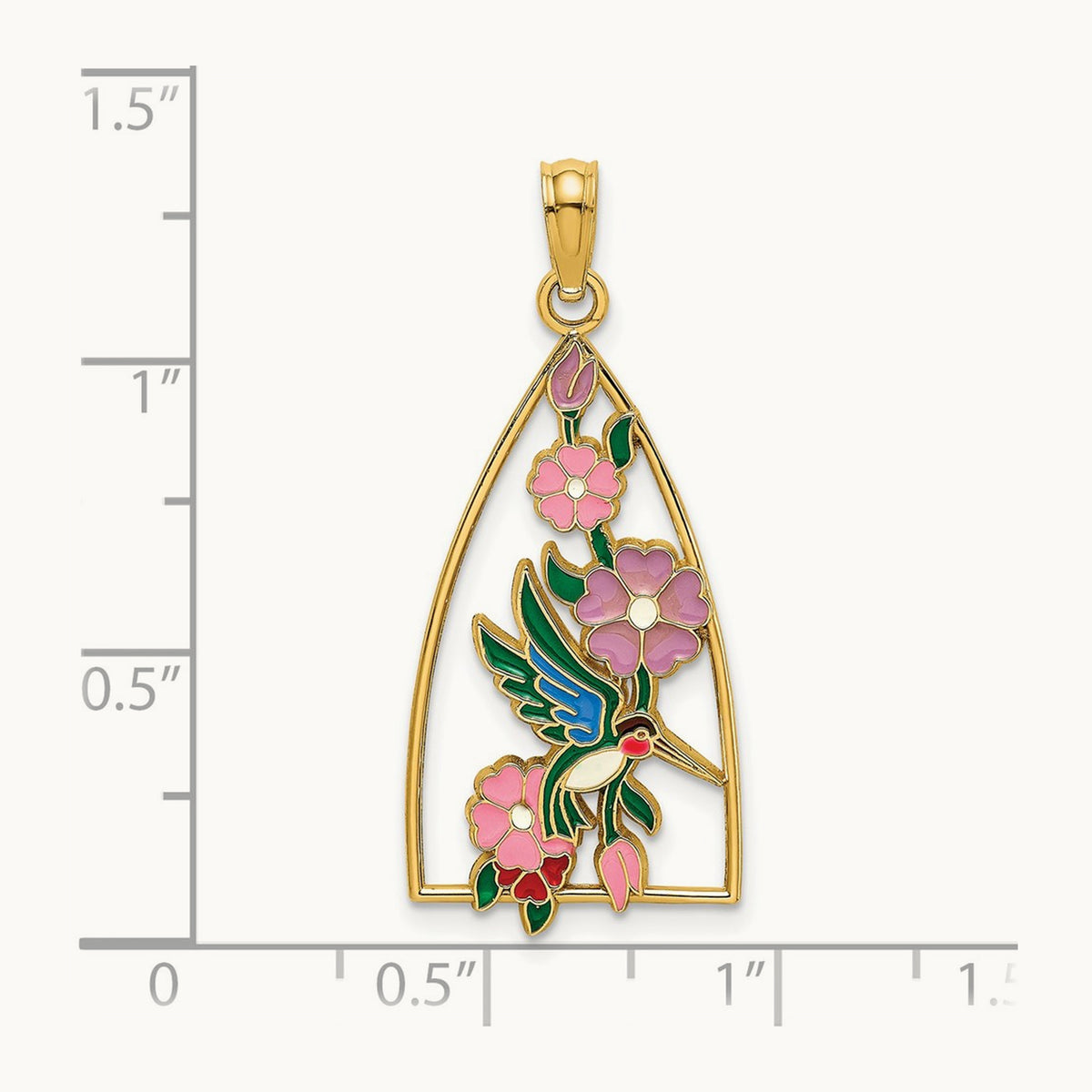 w/ Enamel Hummingbird and Flowers Charm, 14K