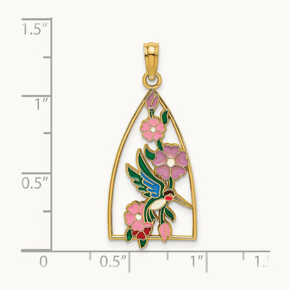 w/ Enamel Hummingbird and Flowers Charm, 14K