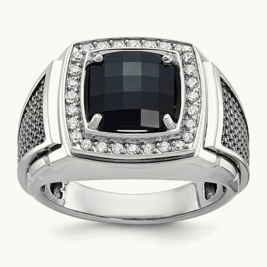 IBGoodman Men's Black Rhodium Onyx and Diamond Complete Ring, 14K White Gold