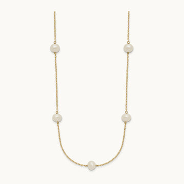 7- White Near Round Freshwater Cultured Pearl 7-Station Necklace, 14K
