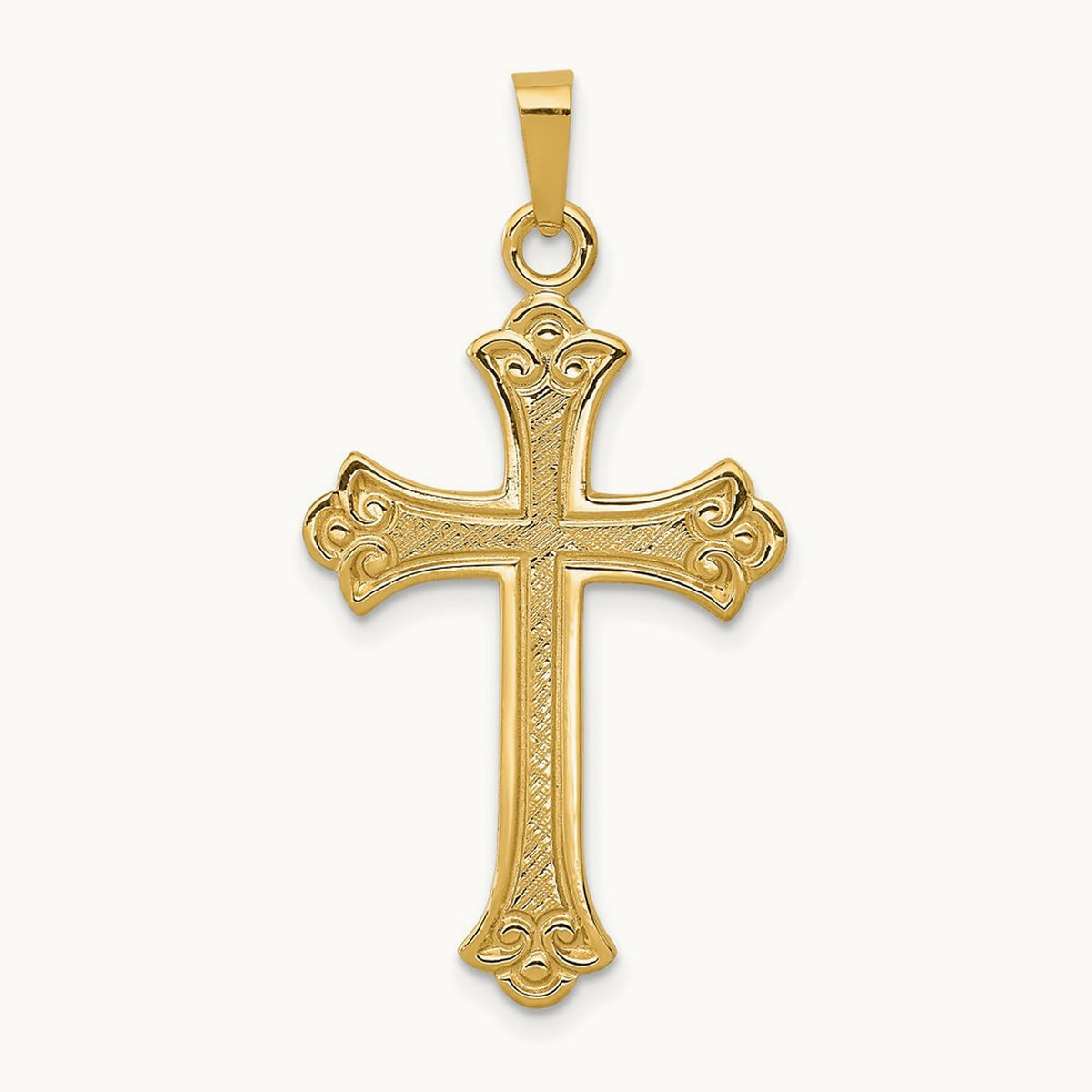 Textured and Polished Fleur de lis Cross Pendant — 14K Yellow Gold