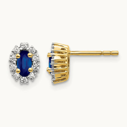 Created Sapphire Halo Post Earrings, 0.20 ct tw Lab-Grown Diamond — 14K Yellow Gold