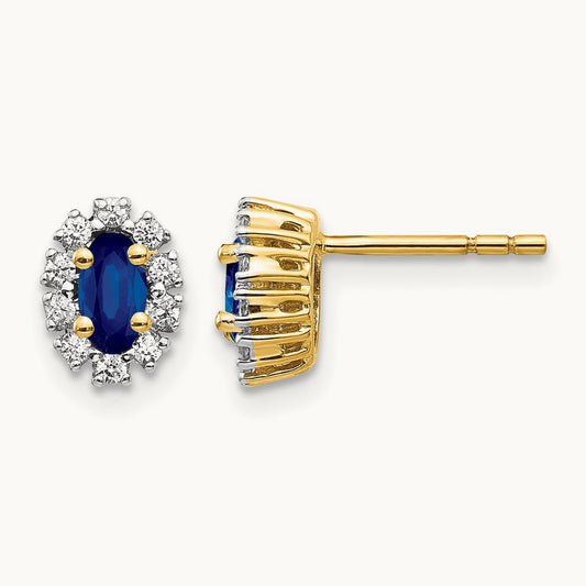 Created Sapphire Halo Post Earrings, 0.20 ct tw Lab-Grown Diamond — 14K Yellow Gold