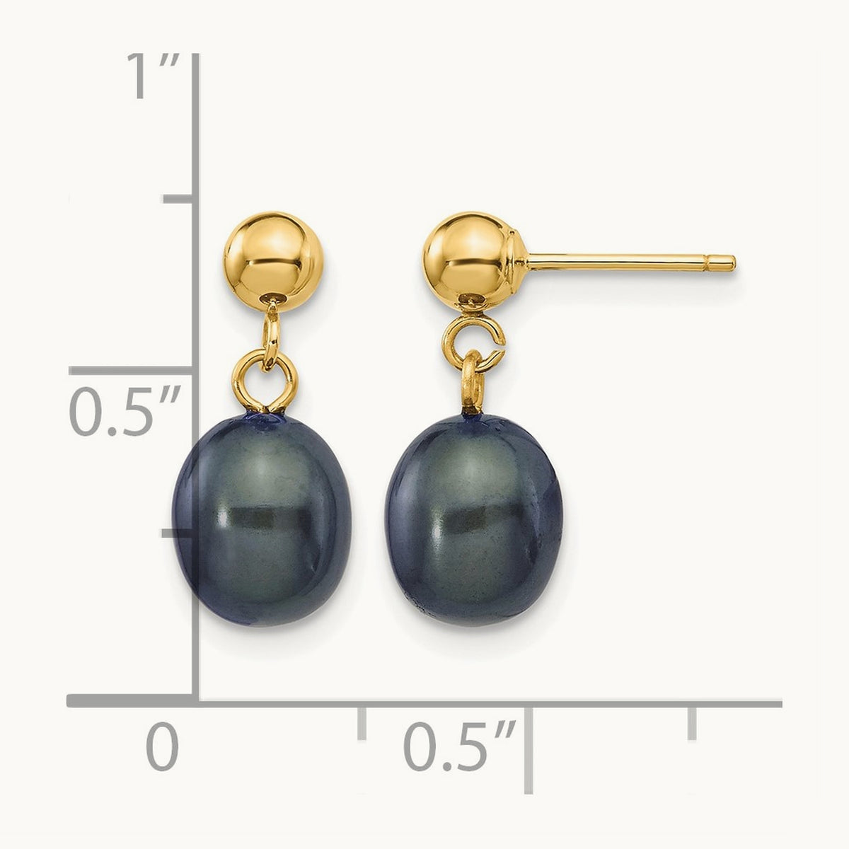 7- Black Rice Freshwater Cultured Pearl Post Dangle Earrings, 8mm, 14K