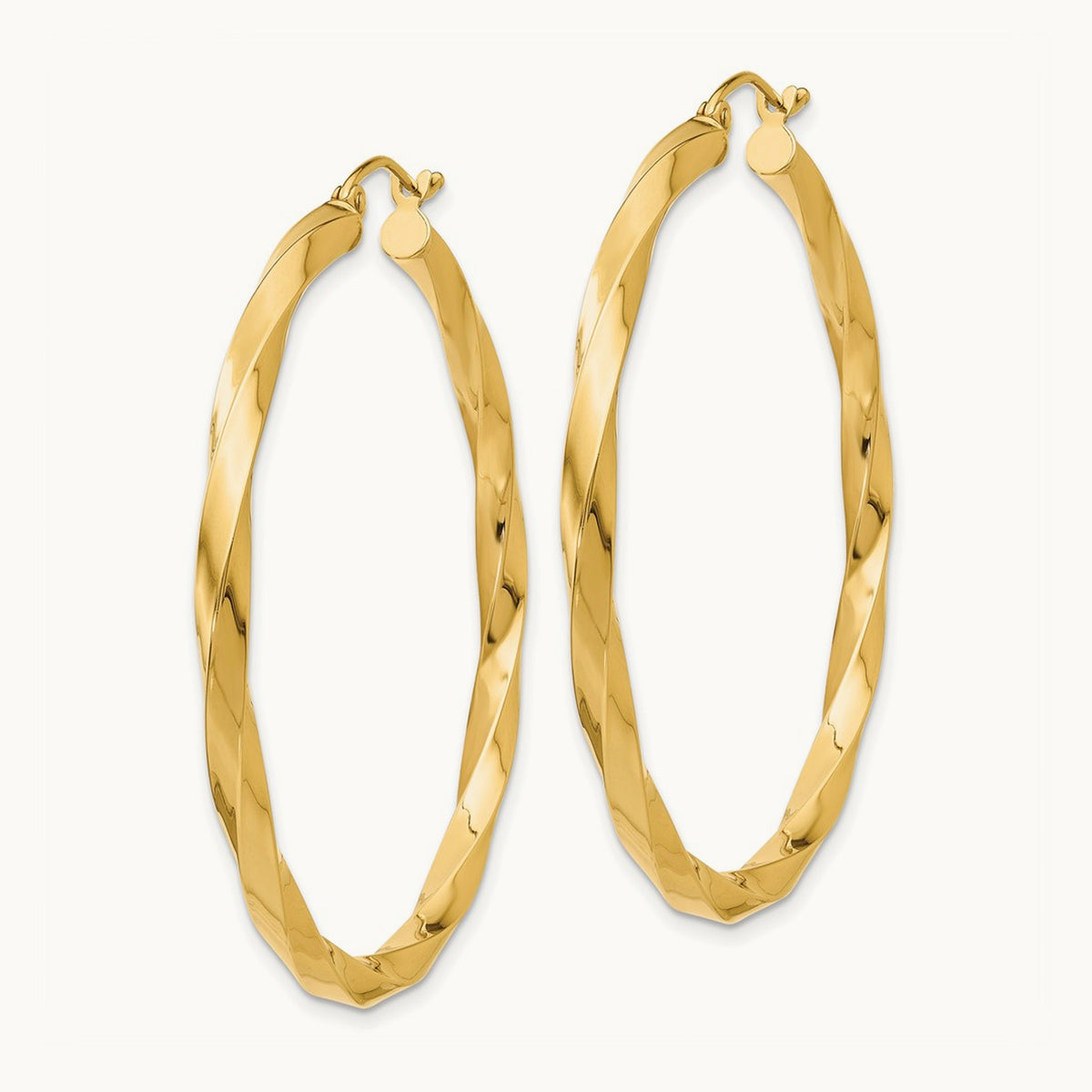 Square Tube Twisted Hoop Earrings — 14K Yellow Gold, 45mm, 3mm