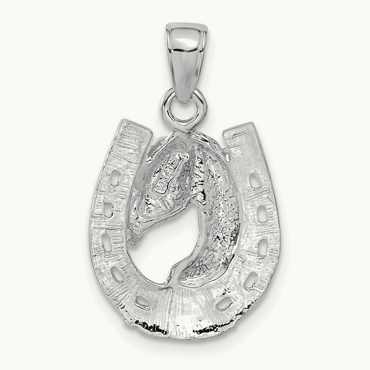 Solid Polished Horse Head in Horseshoe Pendant — 14K White Gold
