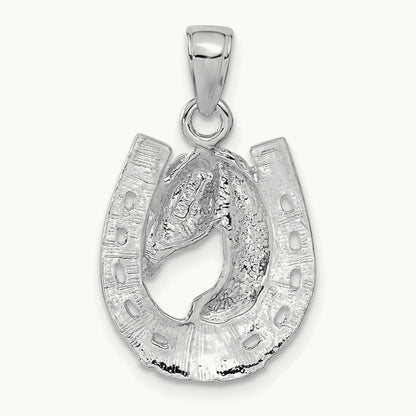 Solid Polished Horse Head in Horseshoe Pendant — 14K White Gold